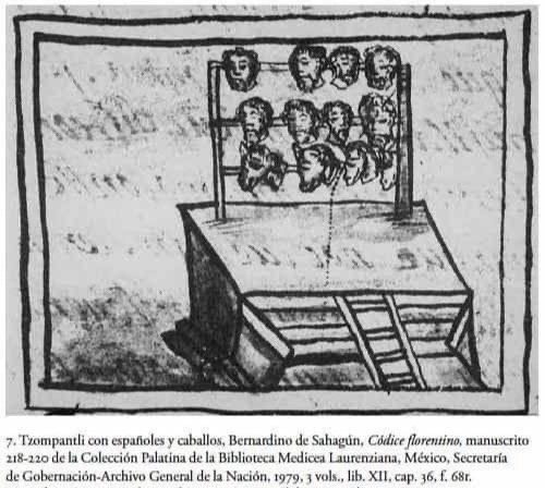 Exibicion de cabezas de españoles y sus caballos por parte de los Mexicas en la toma de Tenochtitlan