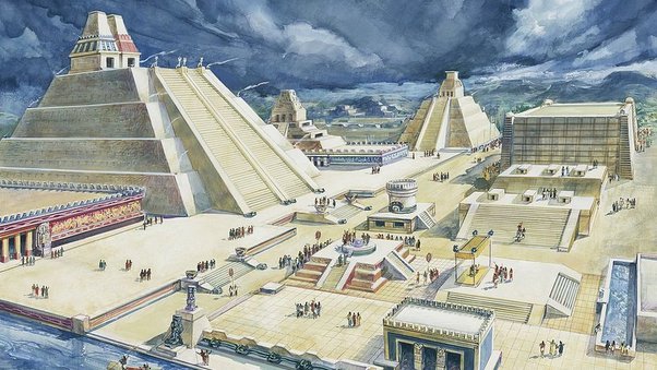 Representacion artística de México-Tenochtitlán con la priramide de los sacrificios en primer plano