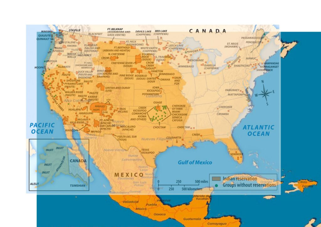 Mapa superpuesto de las reservas indias actuales de Estados Unidos y el Reino de la Nueva España