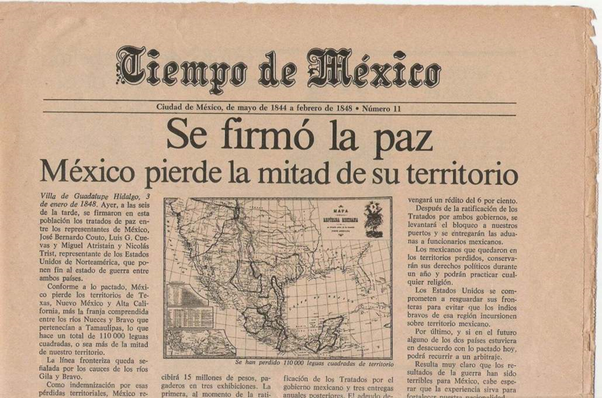 Noticia del Tiempo de Mexico anunciando el acuerdo Guadalupe Hidalgo en el que Mexico pierde su territorio