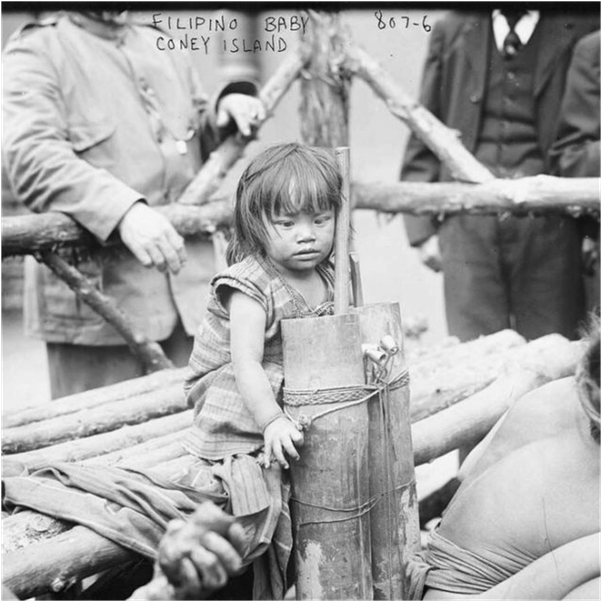 Niña Filipina mostrada en el Zoolgico de Coney Island (New York) en 1905. La foto de de la Biblioteca del Congreso de EUA
