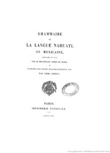 Portada de la primera edicion de 1875 de la Gramatica Nauhatl de Olmos