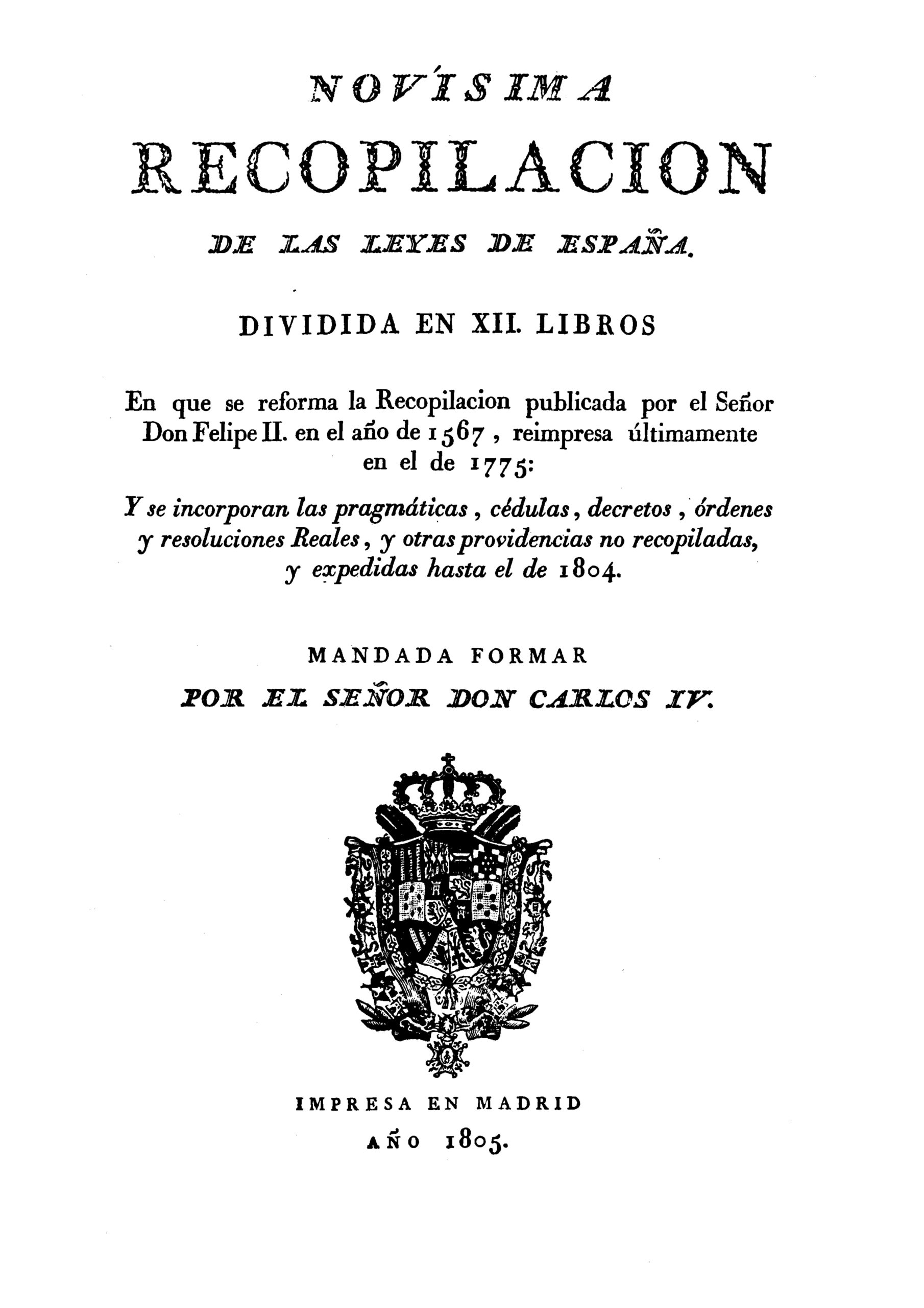 Página tecnica de la Novísima Recopilación De Las Leyes De España, de 1805