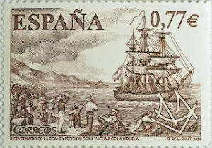 Sello de españa conmemorando el Bicentenario de la Real Expedición de la Vacuna. Aunque sea marginal (es un simple sello) alguien se acuerda de la hazaña saitaria mas grande jamás realizada