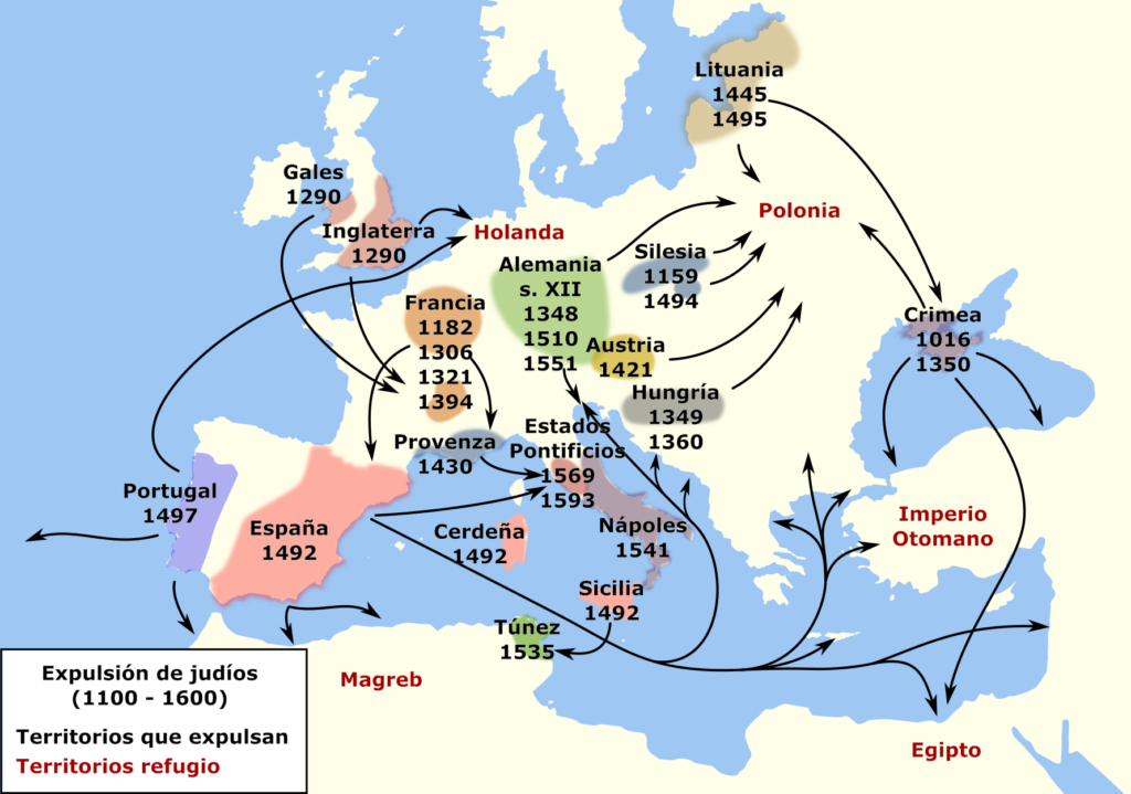 Mapa de la expulsion de judios en la edad media. Imagen de la Wikipedia