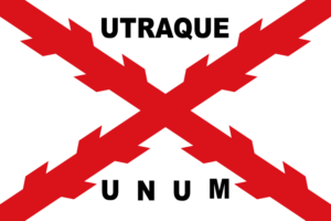 Bandera de La Hispanidad con la leyenda Utraque Unum
