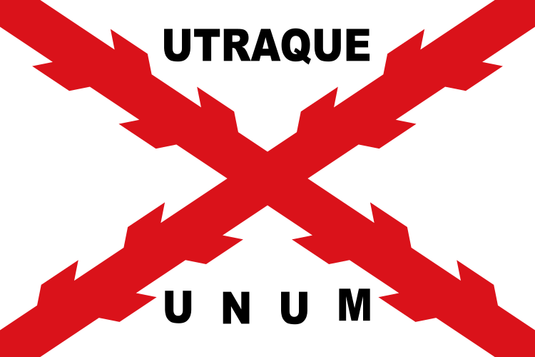 Bandera de La Hispanidad con la leyenda Utraque Unum
