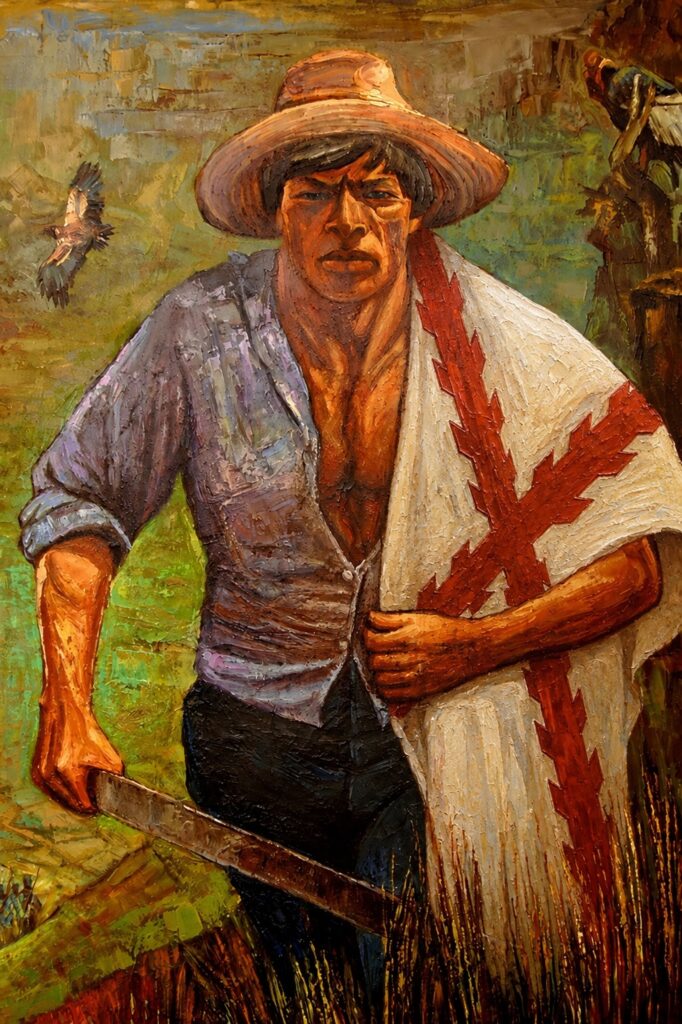 Agustín de Agualongo portando la bandera de la Monarquía Hispánica. Imagen creada a partir de la original de Wilipedia