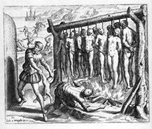 Grabado del neerlandés Theodor de Bry mostrando la supuesta quema de indígenas en el Nuevo Mundo.