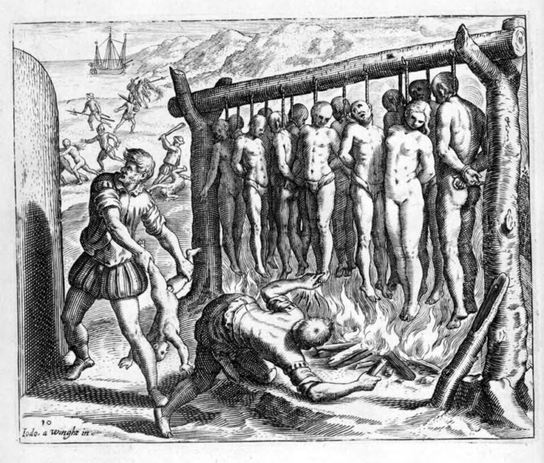 Grabado del neerlandés Theodor de Bry mostrando la supuesta quema de indígenas en el Nuevo Mundo.